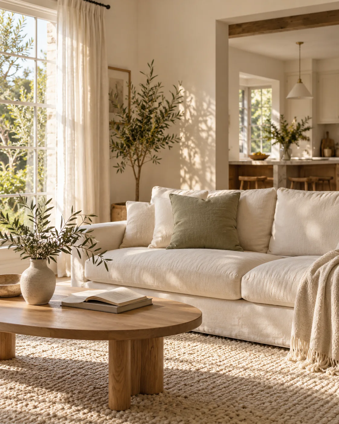 A sunlit living room with an ivory sofa, sage cushion, and fresh greenery.